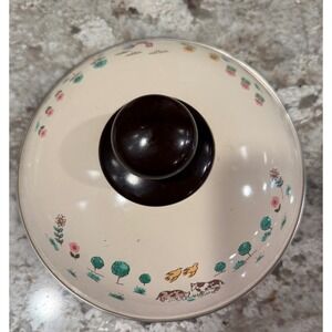 Vintage Enamel Farmhouse Replacement Lid Rooster Cow Floral Cream 7.75 Inch